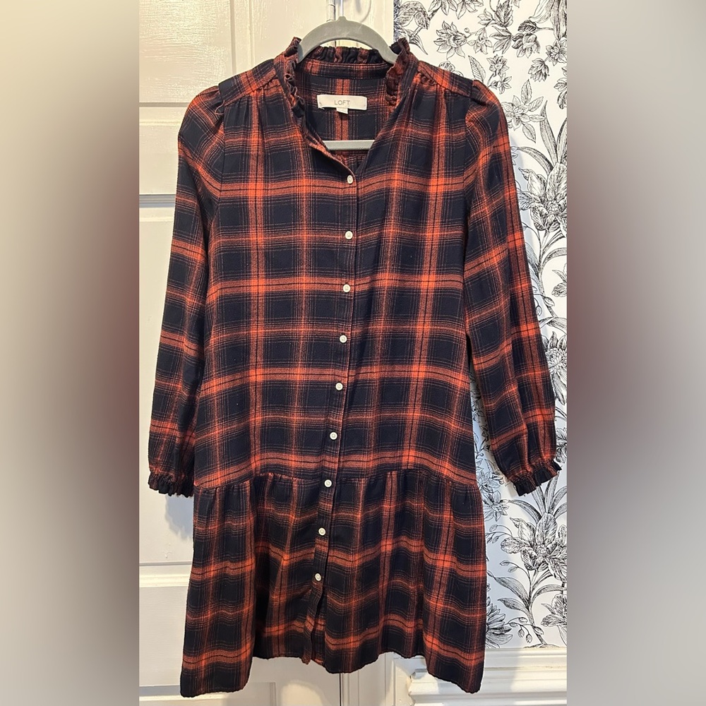 LOFT Navy and Orange Plaid Dress